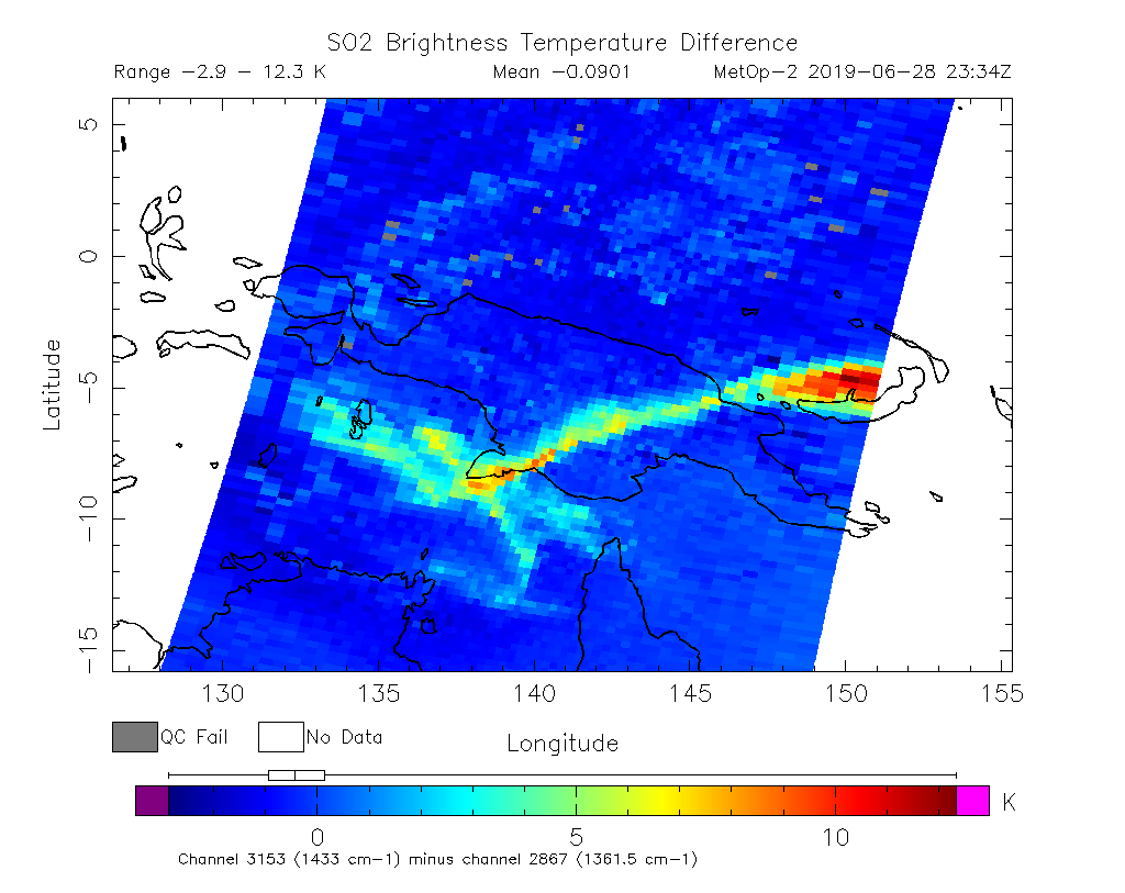 SO2 Brightness Temperature Difference 2019-06-28 23:34Z