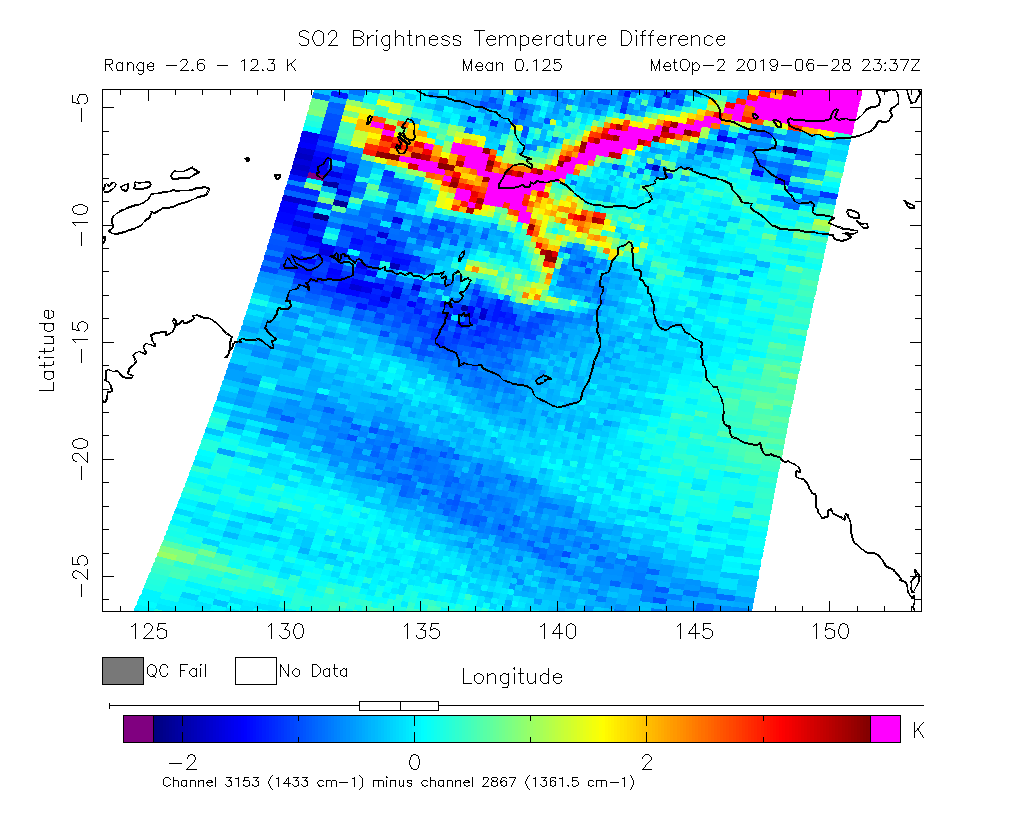 SO2 Brightness Temperature Difference 2019-06-28 23:37Z