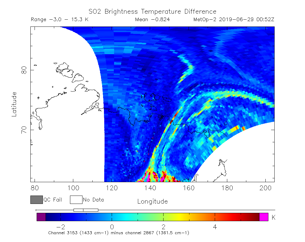 SO2 Brightness Temperature Difference 2019-06-29 00:52Z