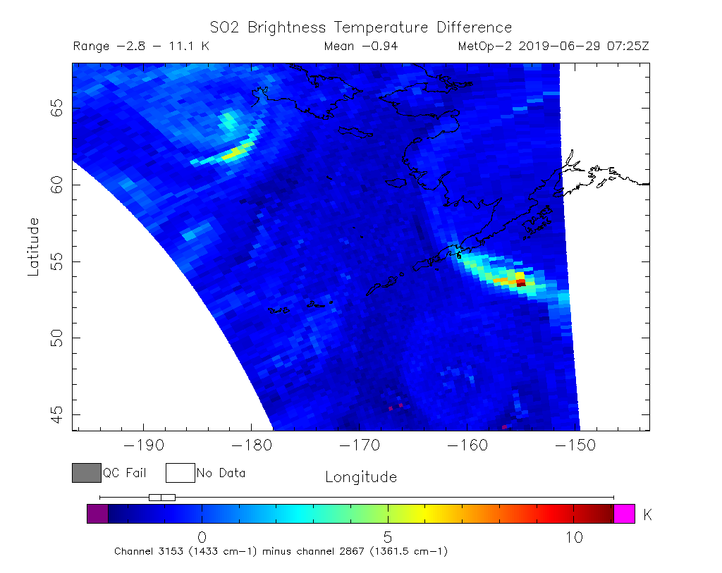 SO2 Brightness Temperature Difference 2019-06-29 07:25Z