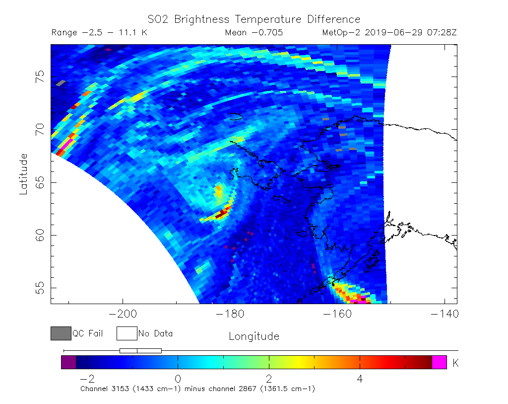 SO2 Brightness Temperature Difference 2019-06-29 07:28Z