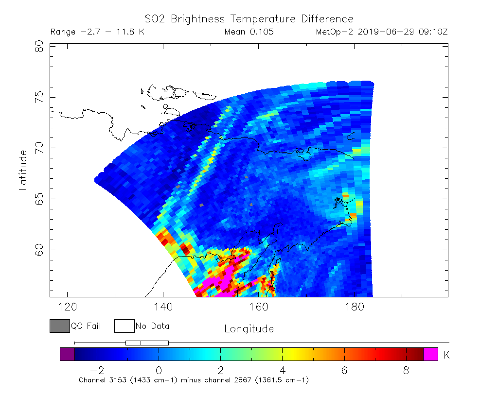 SO2 Brightness Temperature Difference 2019-06-29 09:10Z