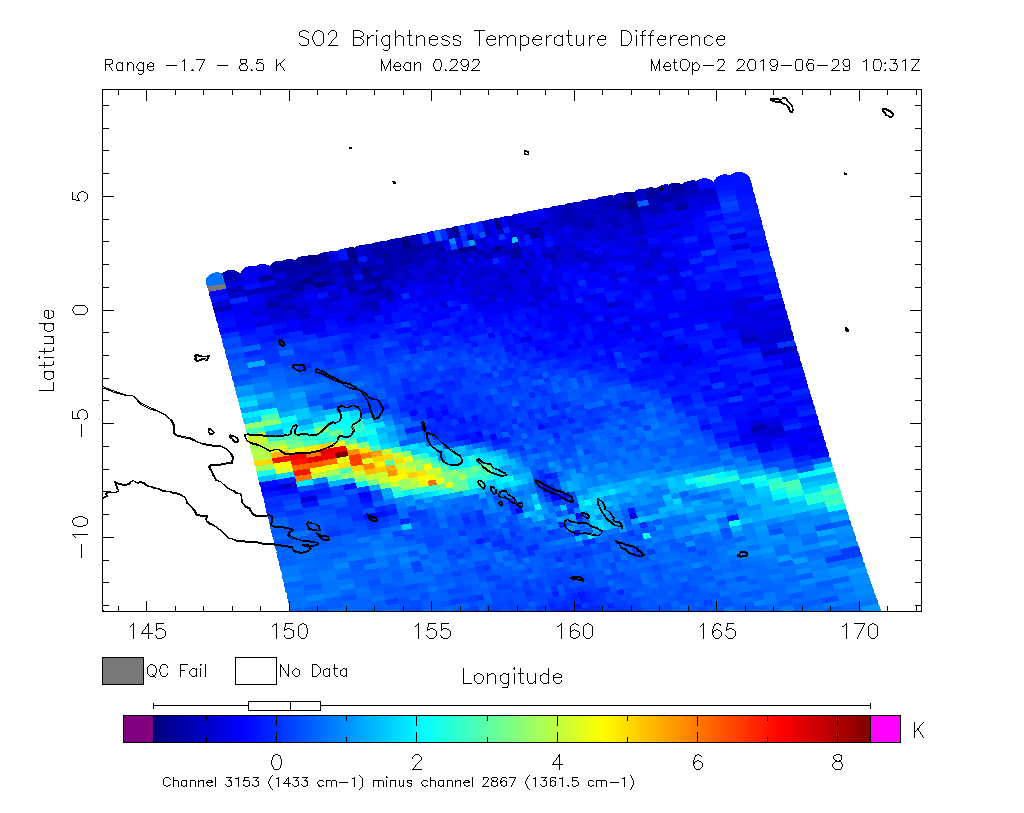 SO2 Brightness Temperature Difference 2019-06-29 10:31Z