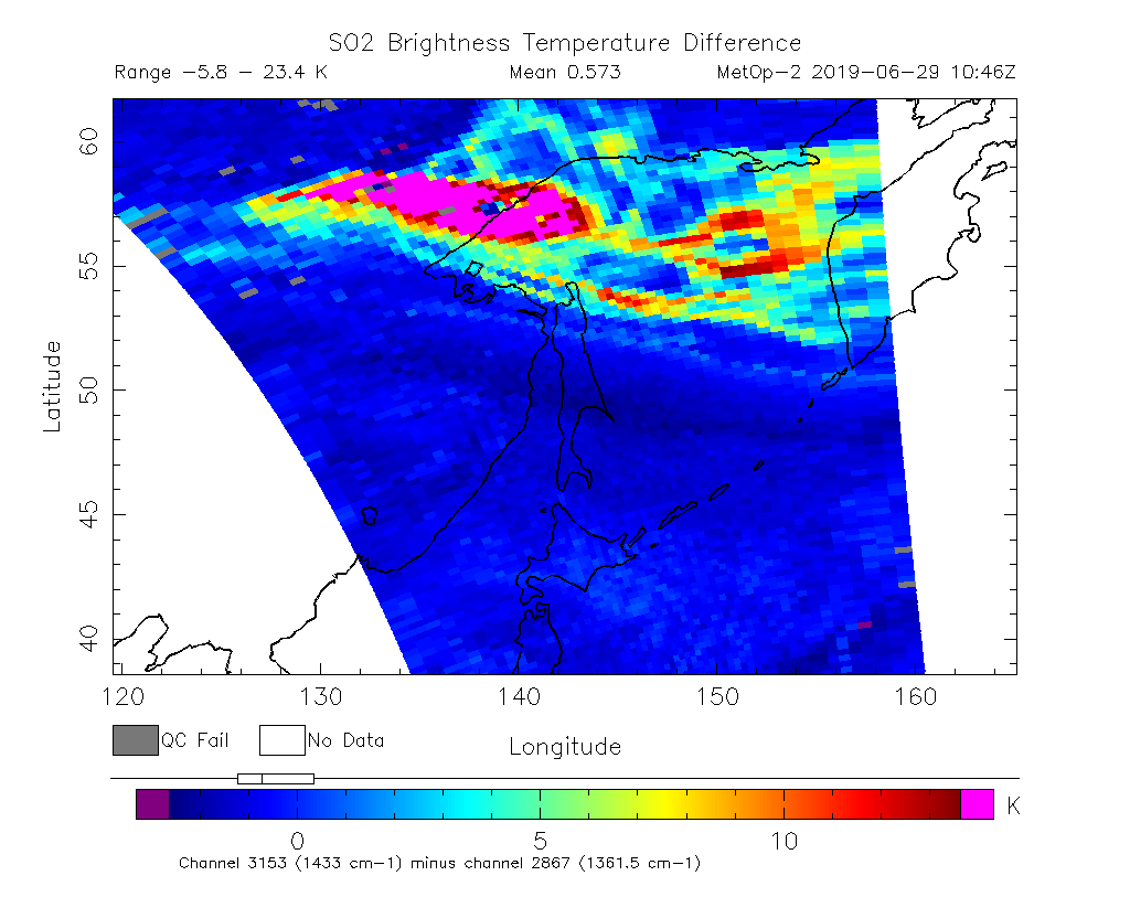 SO2 Brightness Temperature Difference 2019-06-29 10:46Z
