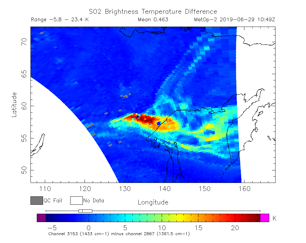 SO2 Brightness Temperature Difference 2019-06-29 10:49Z