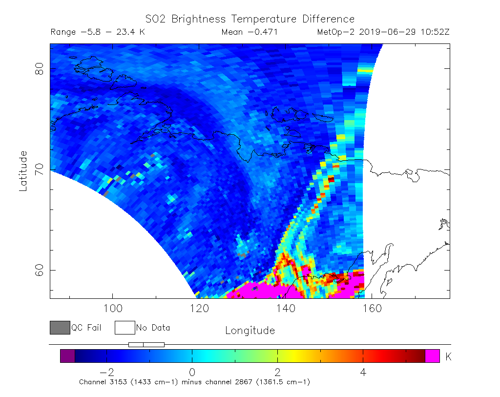 SO2 Brightness Temperature Difference 2019-06-29 10:52Z