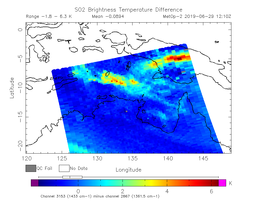 SO2 Brightness Temperature Difference 2019-06-29 12:10Z