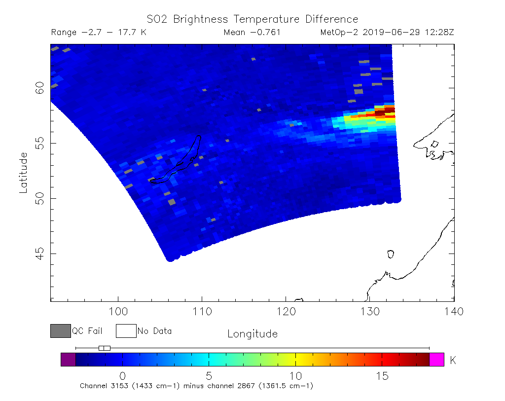 SO2 Brightness Temperature Difference 2019-06-29 12:28Z