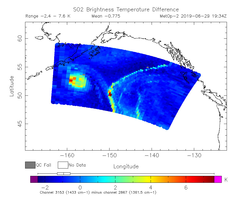 SO2 Brightness Temperature Difference 2019-06-29 19:34Z