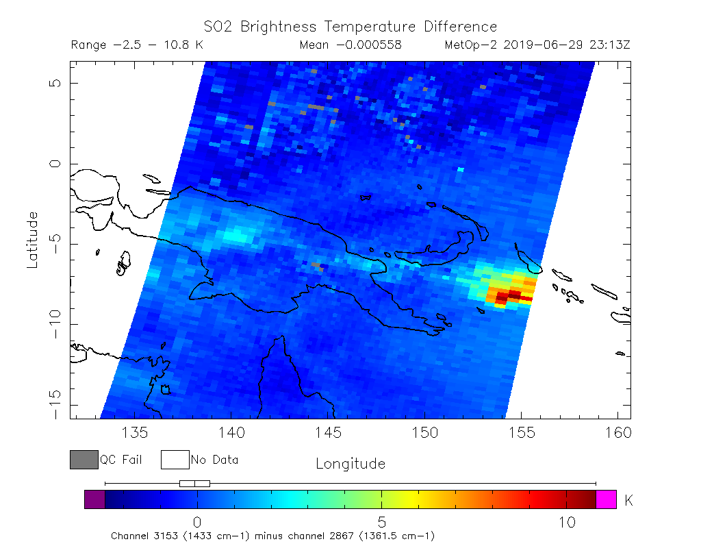 SO2 Brightness Temperature Difference 2019-06-29 23:13Z