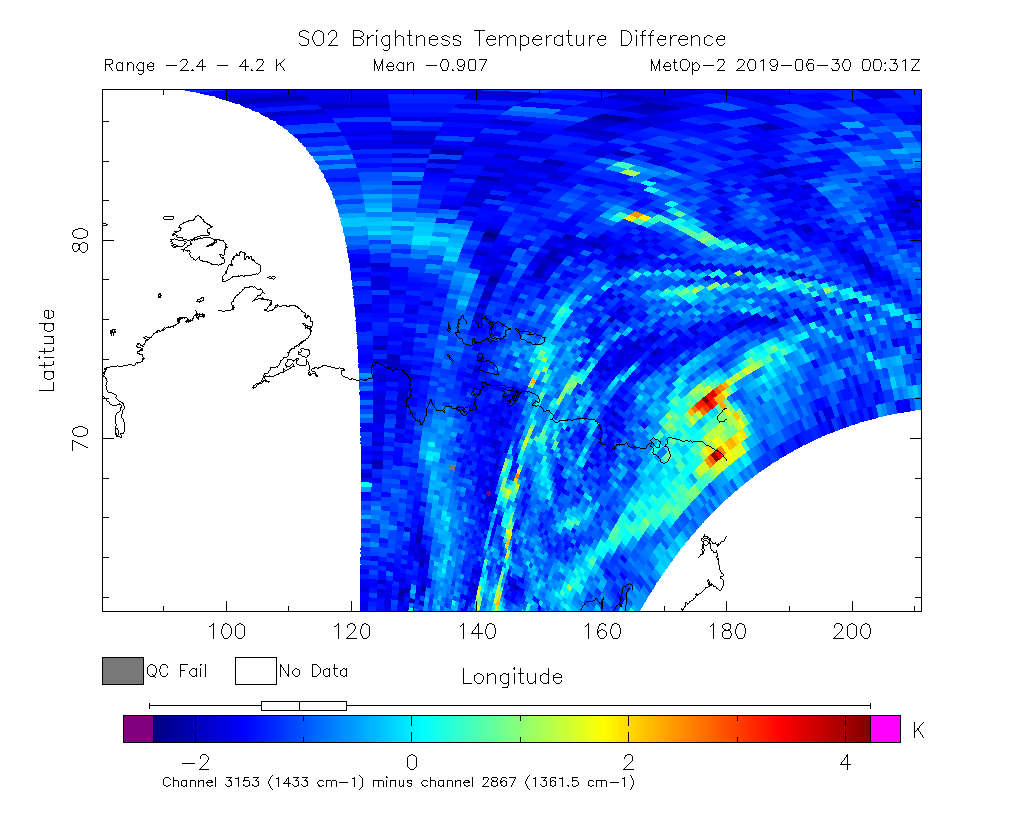 SO2 Brightness Temperature Difference 2019-06-30 00:31Z