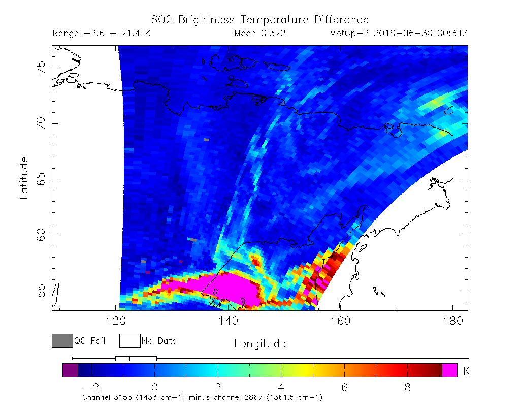 SO2 Brightness Temperature Difference 2019-06-30 00:34Z