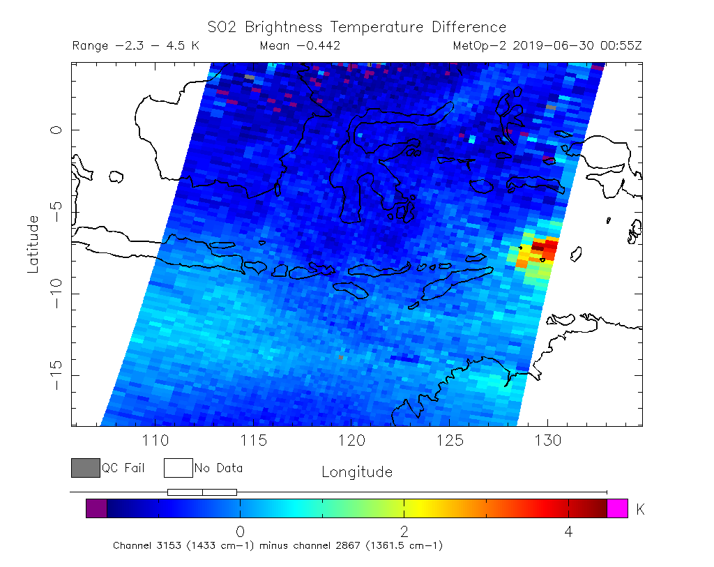 SO2 Brightness Temperature Difference 2019-06-30 00:55Z
