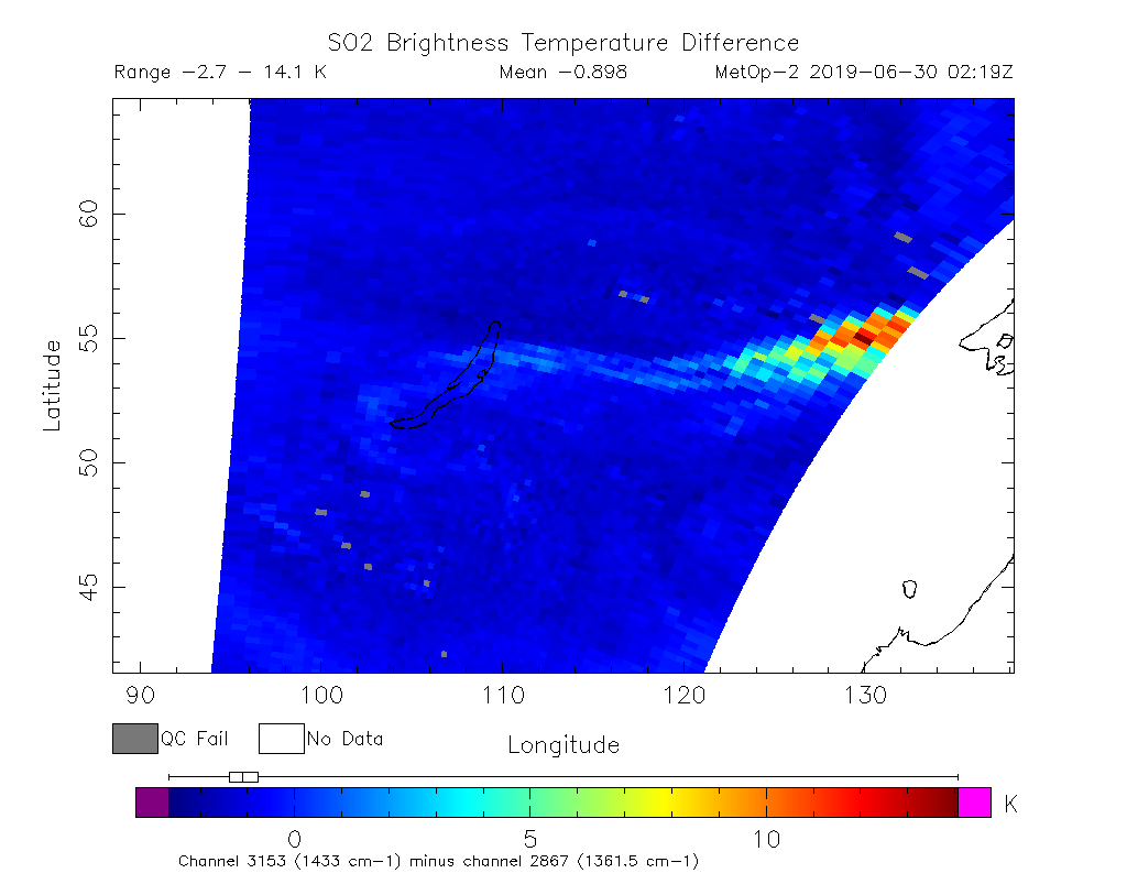 SO2 Brightness Temperature Difference 2019-06-30 02:19Z