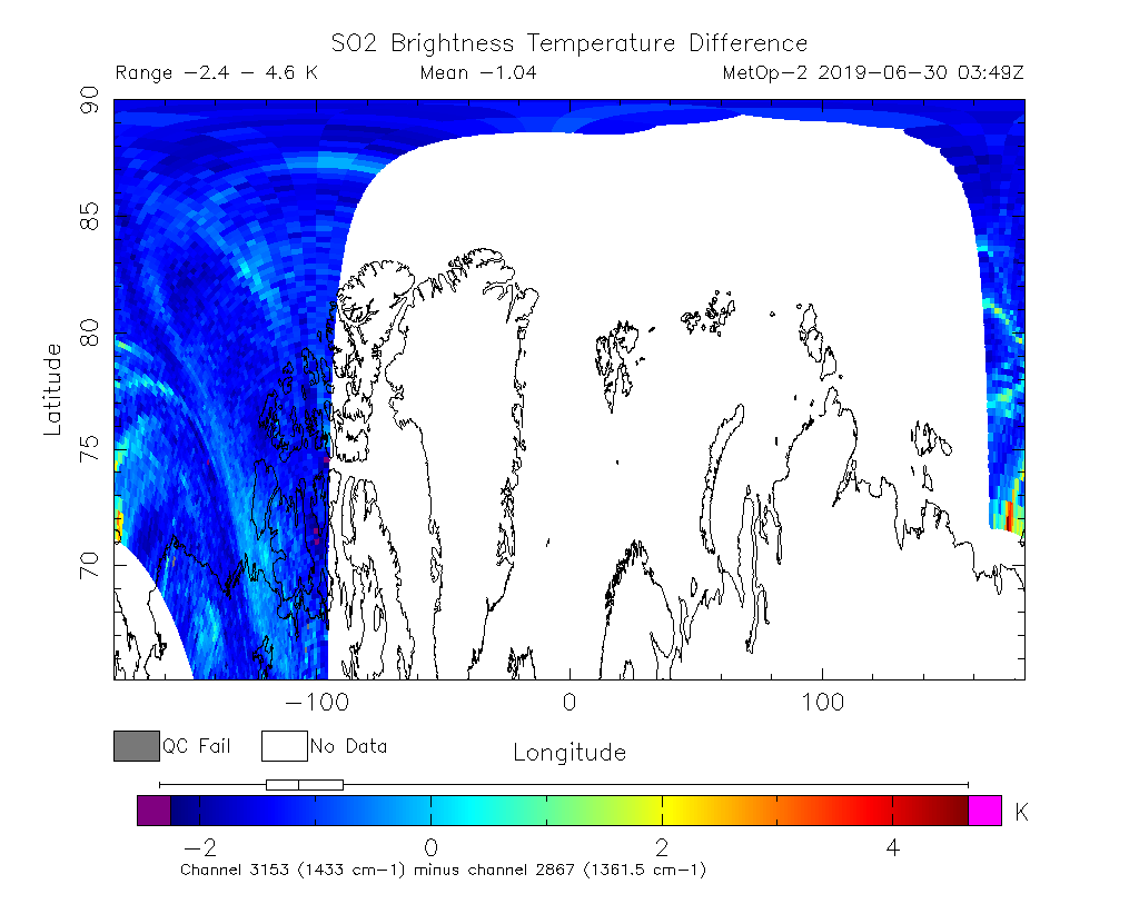 SO2 Brightness Temperature Difference 2019-06-30 03:49Z