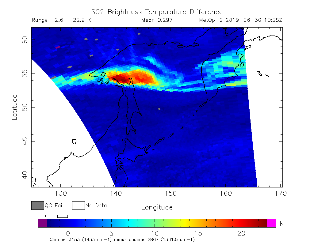 SO2 Brightness Temperature Difference 2019-06-30 10:25Z