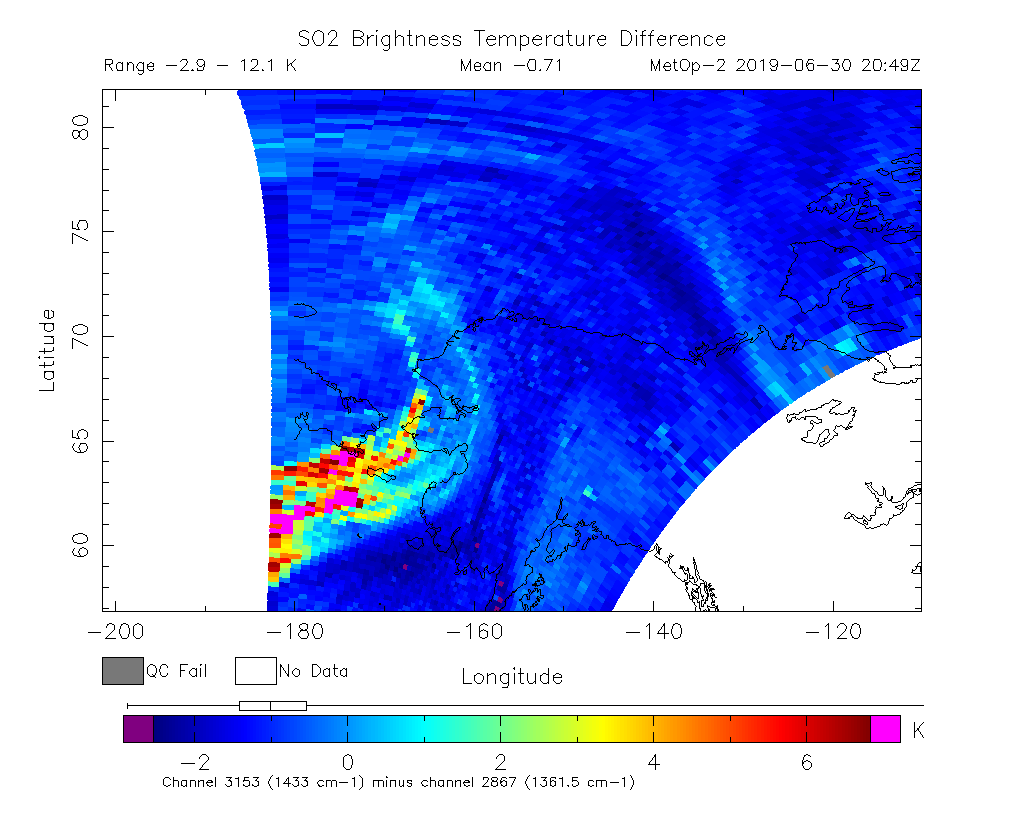 SO2 Brightness Temperature Difference 2019-06-30 20:49Z