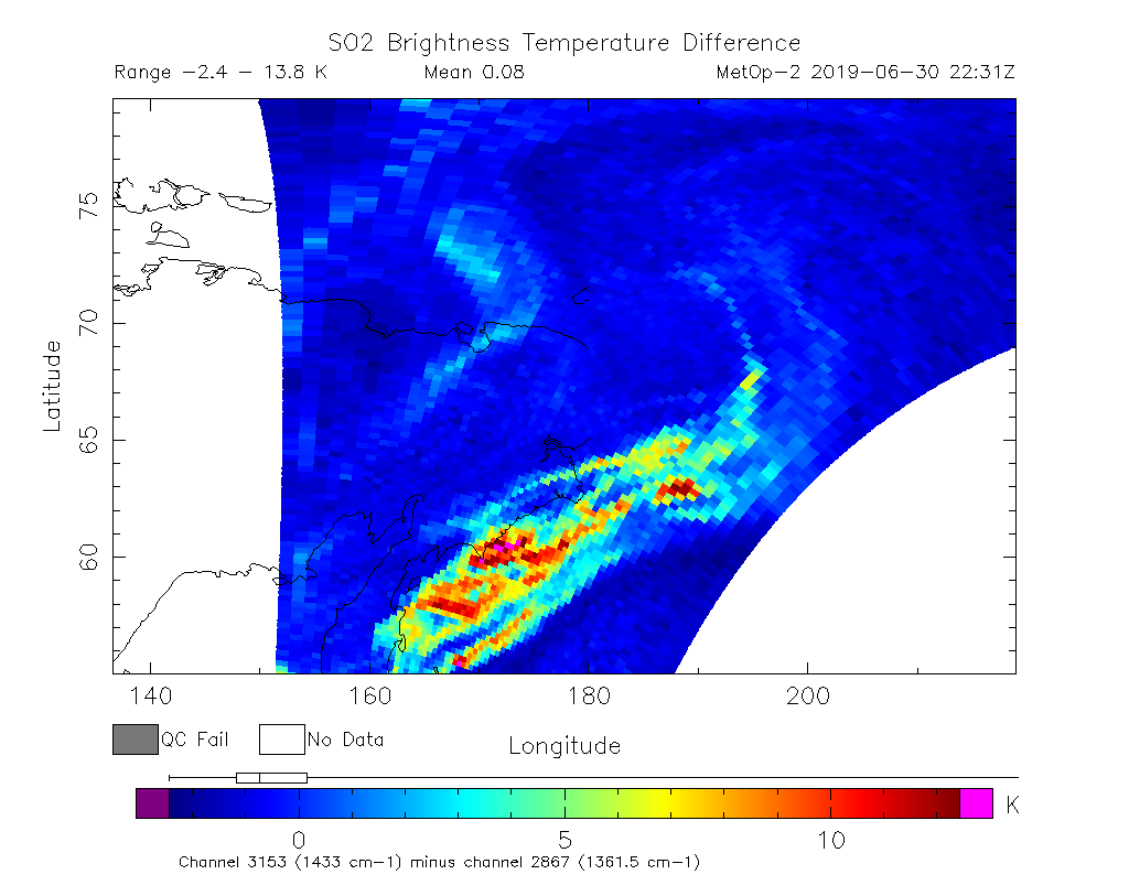 SO2 Brightness Temperature Difference 2019-06-30 22:31Z
