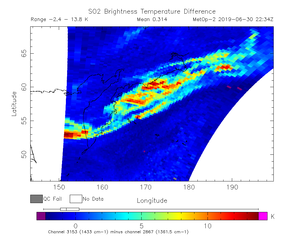 SO2 Brightness Temperature Difference 2019-06-30 22:34Z