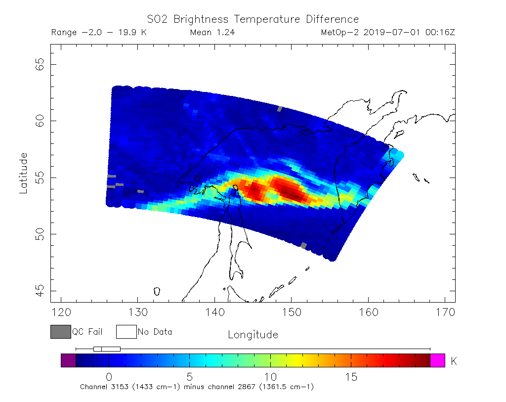 SO2 Brightness Temperature Difference 2019-07-01 00:16Z