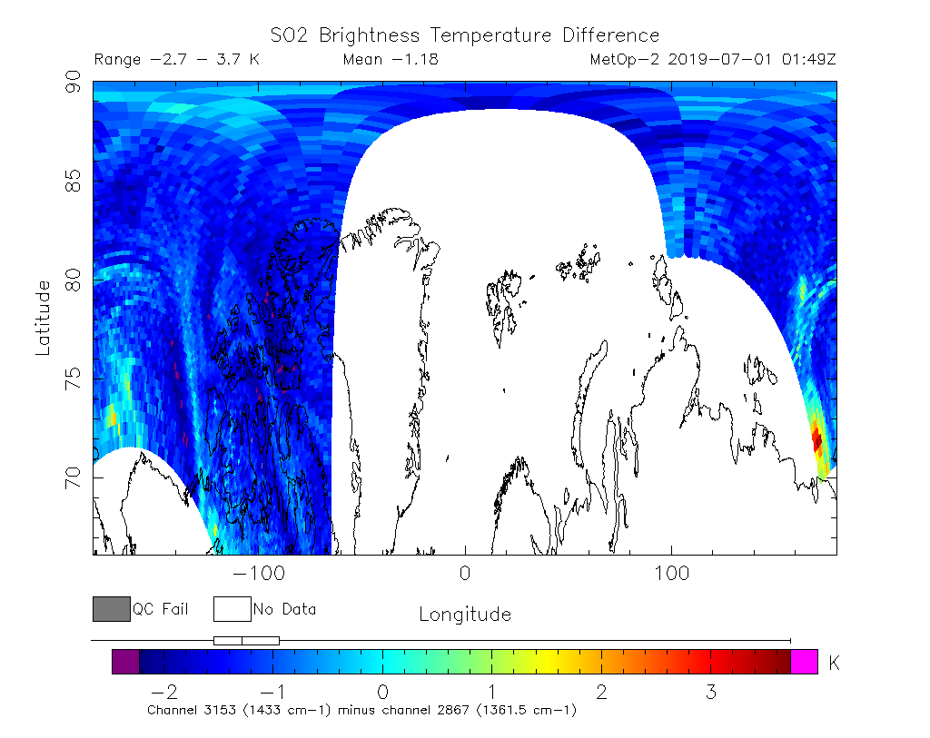 SO2 Brightness Temperature Difference 2019-07-01 01:49Z
