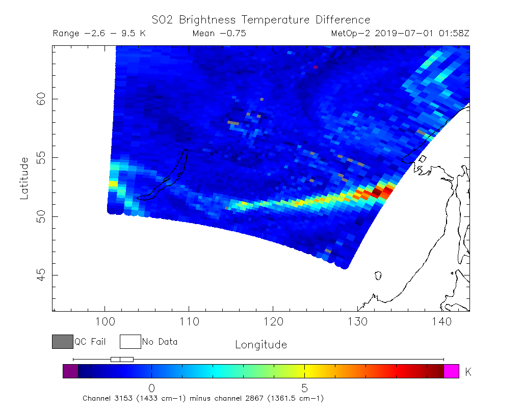 SO2 Brightness Temperature Difference 2019-07-01 01:58Z