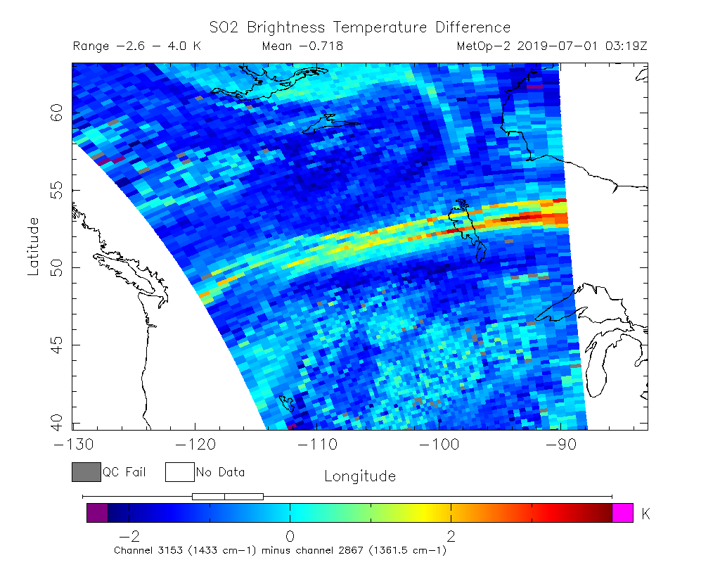 SO2 Brightness Temperature Difference 2019-07-01 03:19Z