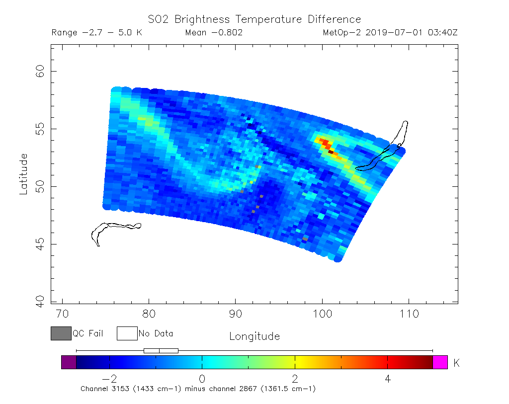 SO2 Brightness Temperature Difference 2019-07-01 03:40Z