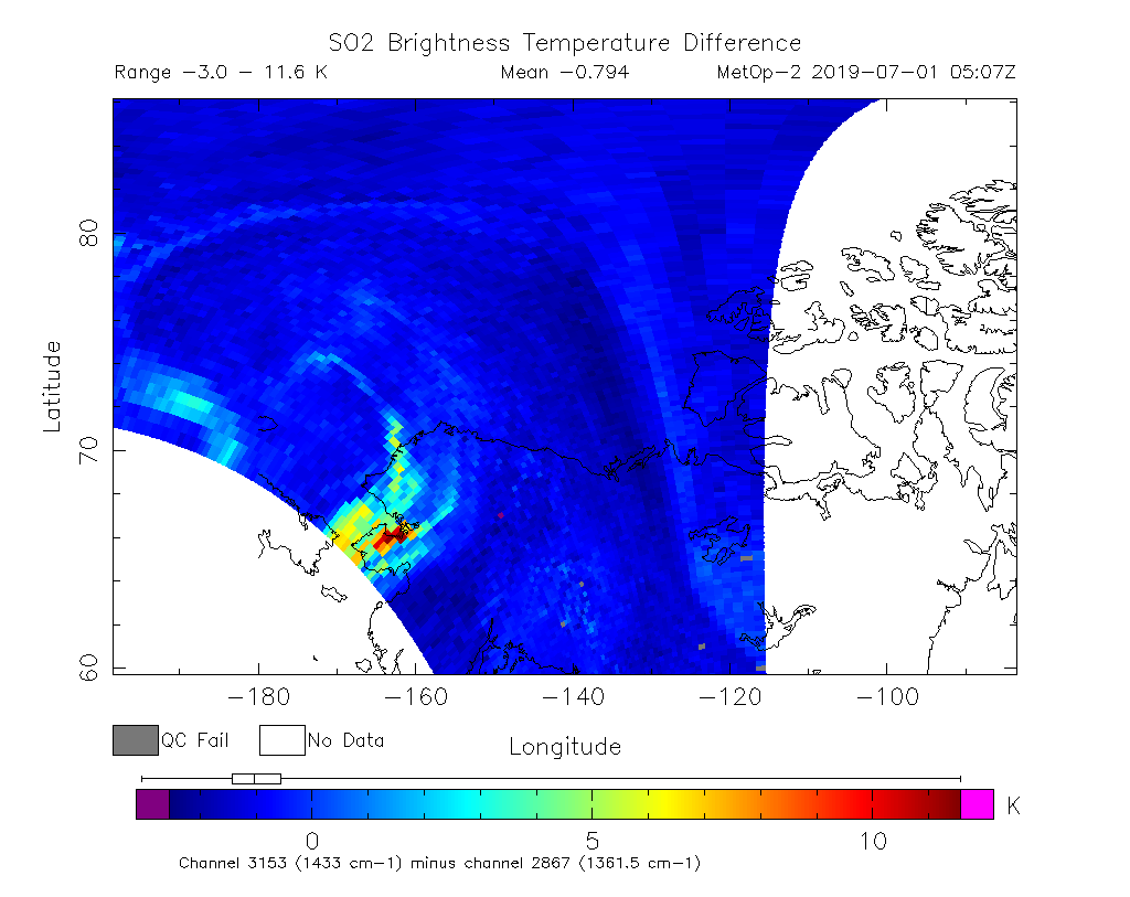 SO2 Brightness Temperature Difference 2019-07-01 05:07Z