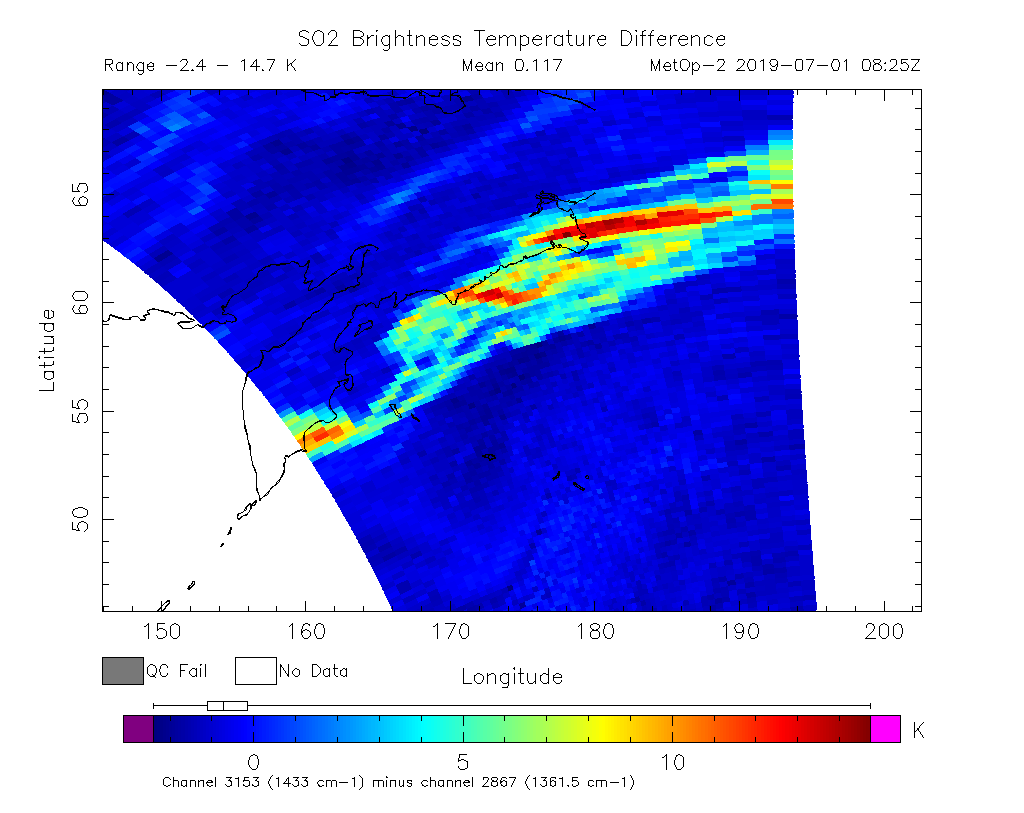 SO2 Brightness Temperature Difference 2019-07-01 08:25Z
