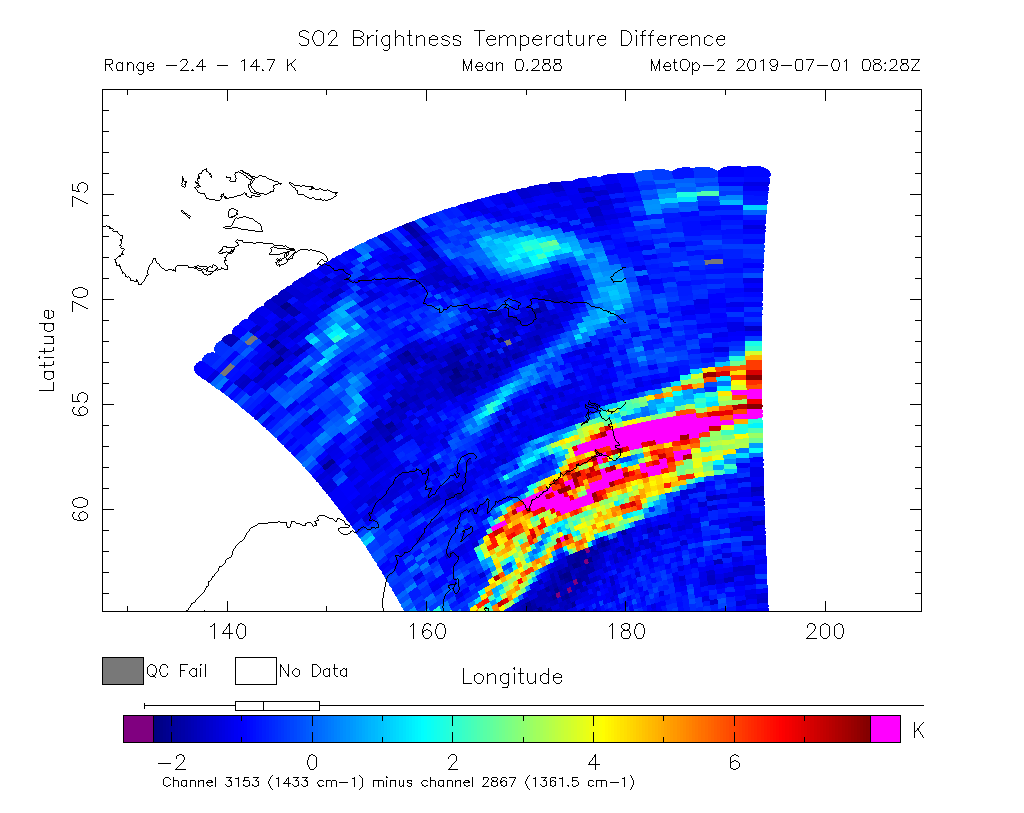 SO2 Brightness Temperature Difference 2019-07-01 08:28Z