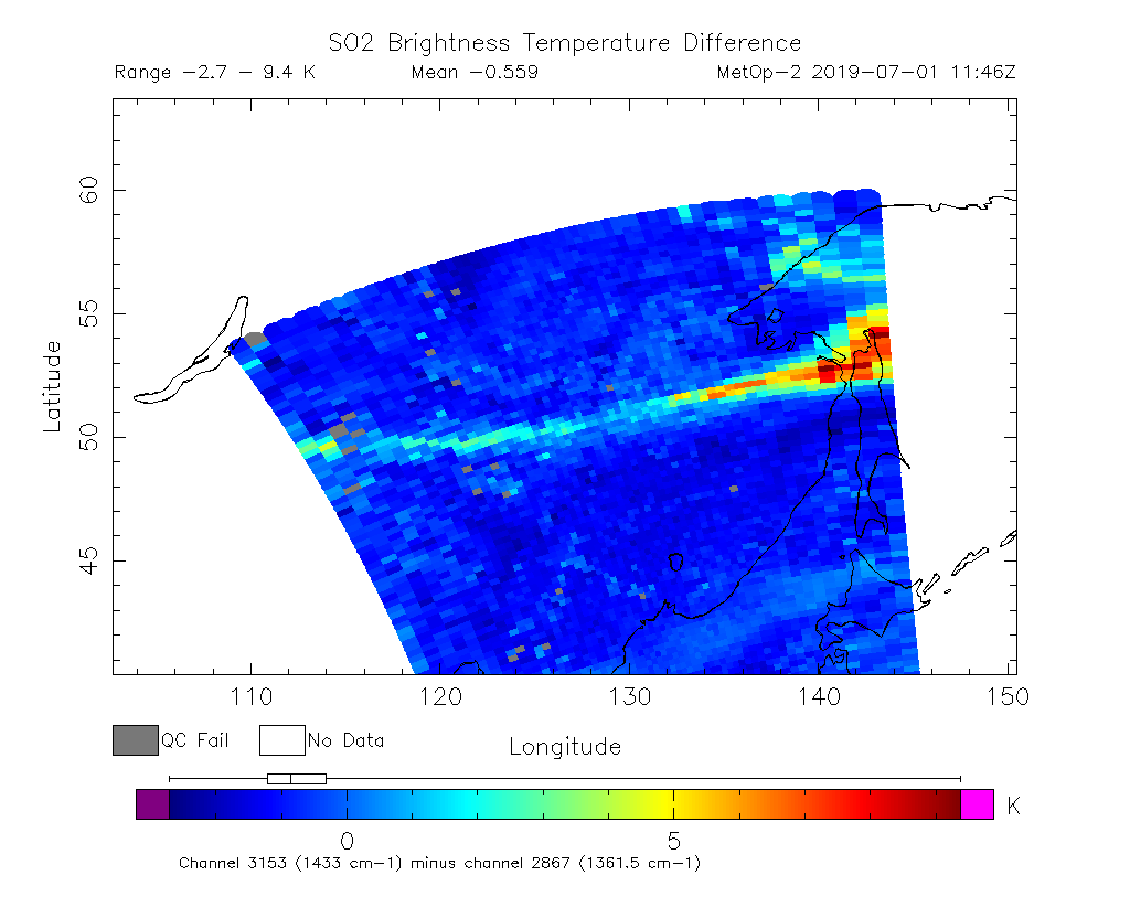 SO2 Brightness Temperature Difference 2019-07-01 11:46Z