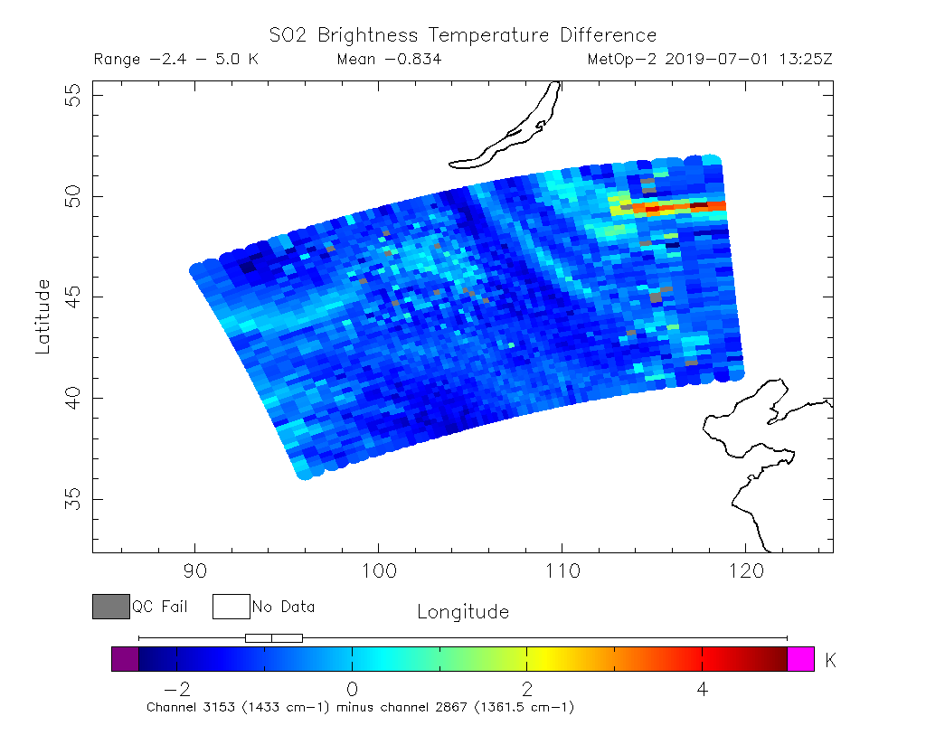 SO2 Brightness Temperature Difference 2019-07-01 13:25Z