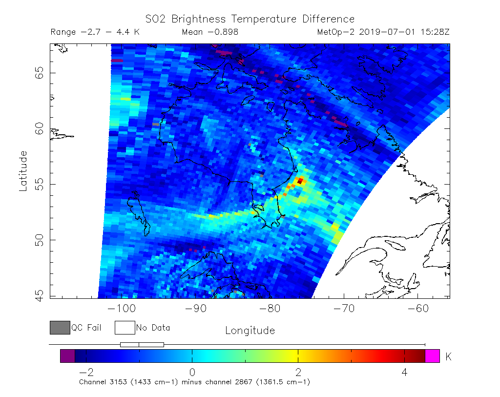 SO2 Brightness Temperature Difference 2019-07-01 15:28Z
