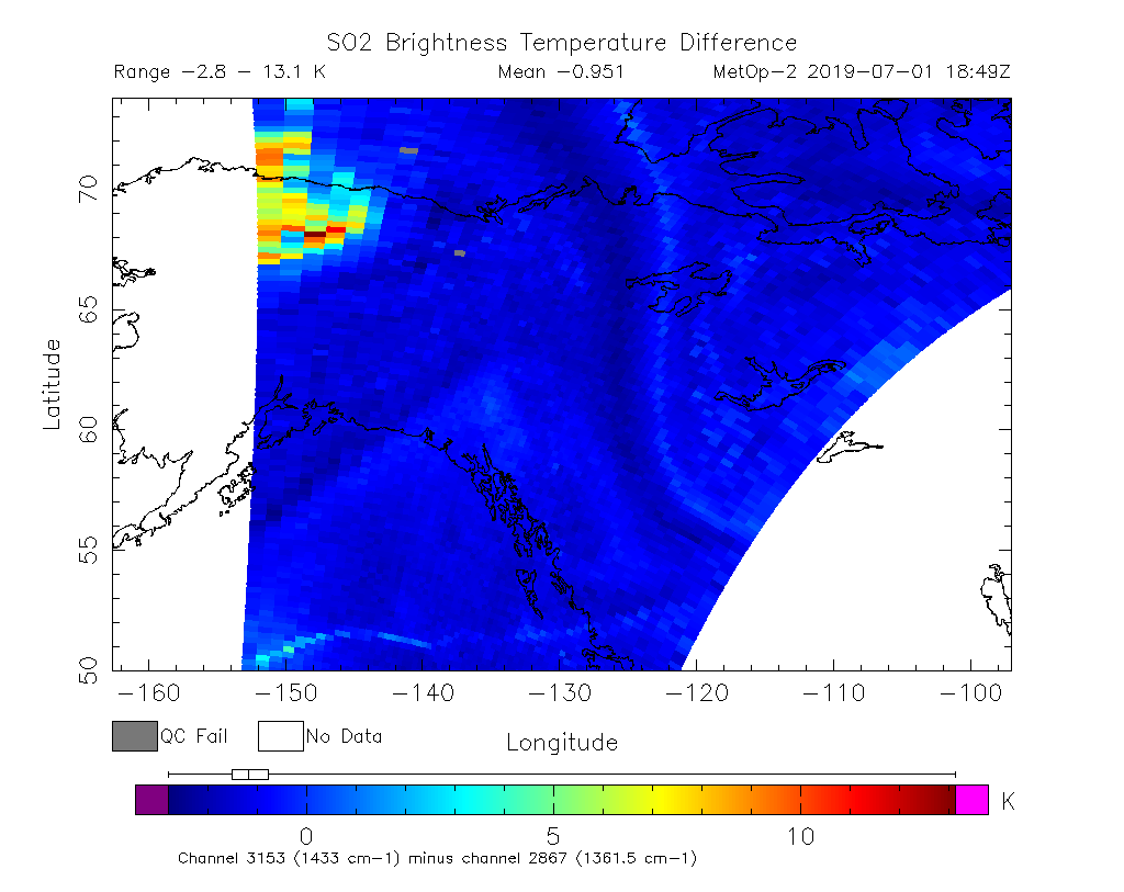 SO2 Brightness Temperature Difference 2019-07-01 18:49Z