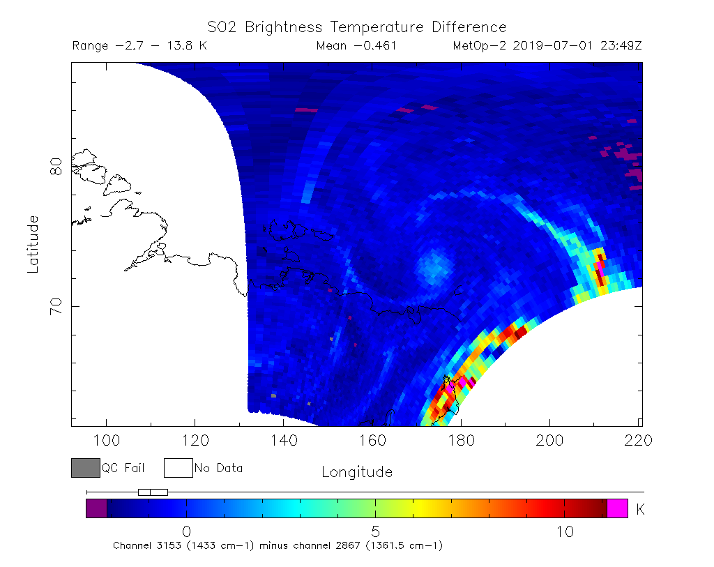 SO2 Brightness Temperature Difference 2019-07-01 23:49Z