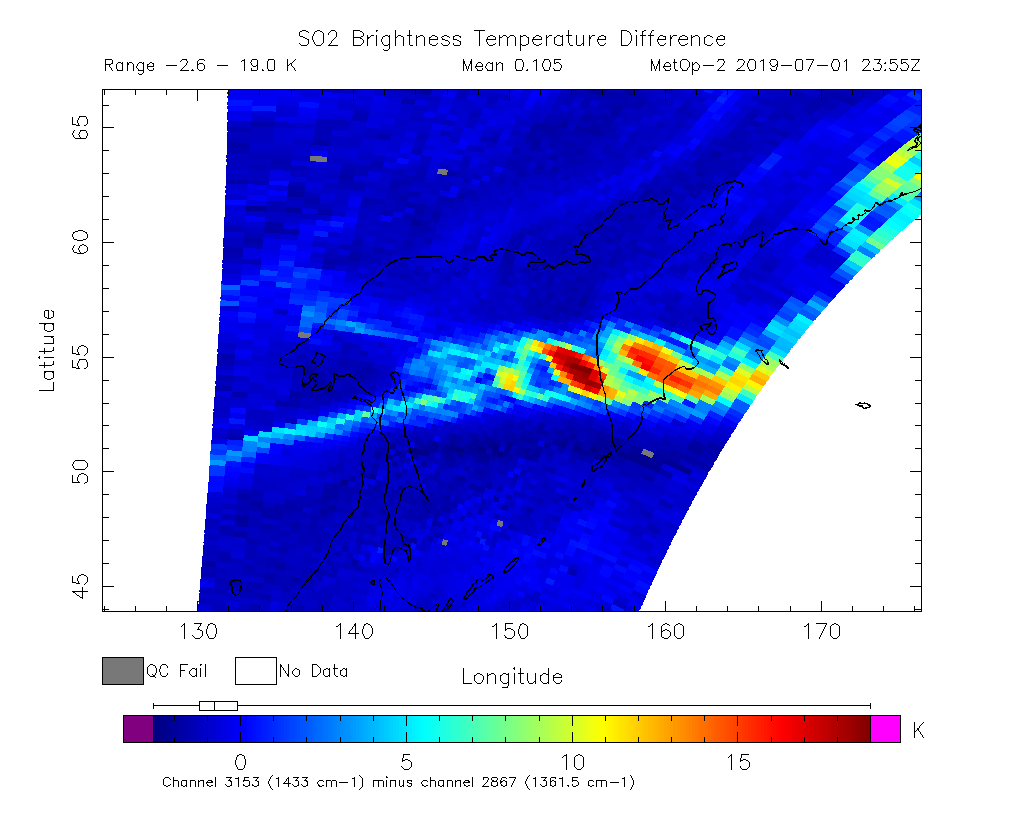 SO2 Brightness Temperature Difference 2019-07-01 23:55Z