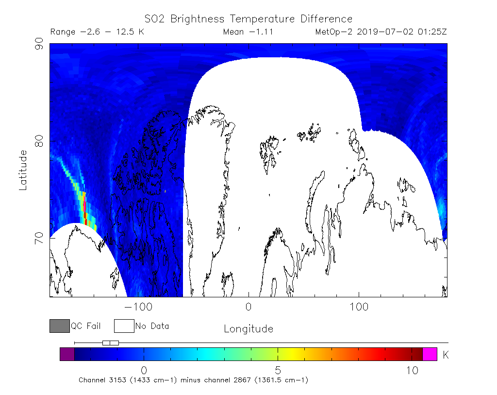 SO2 Brightness Temperature Difference 2019-07-02 01:25Z