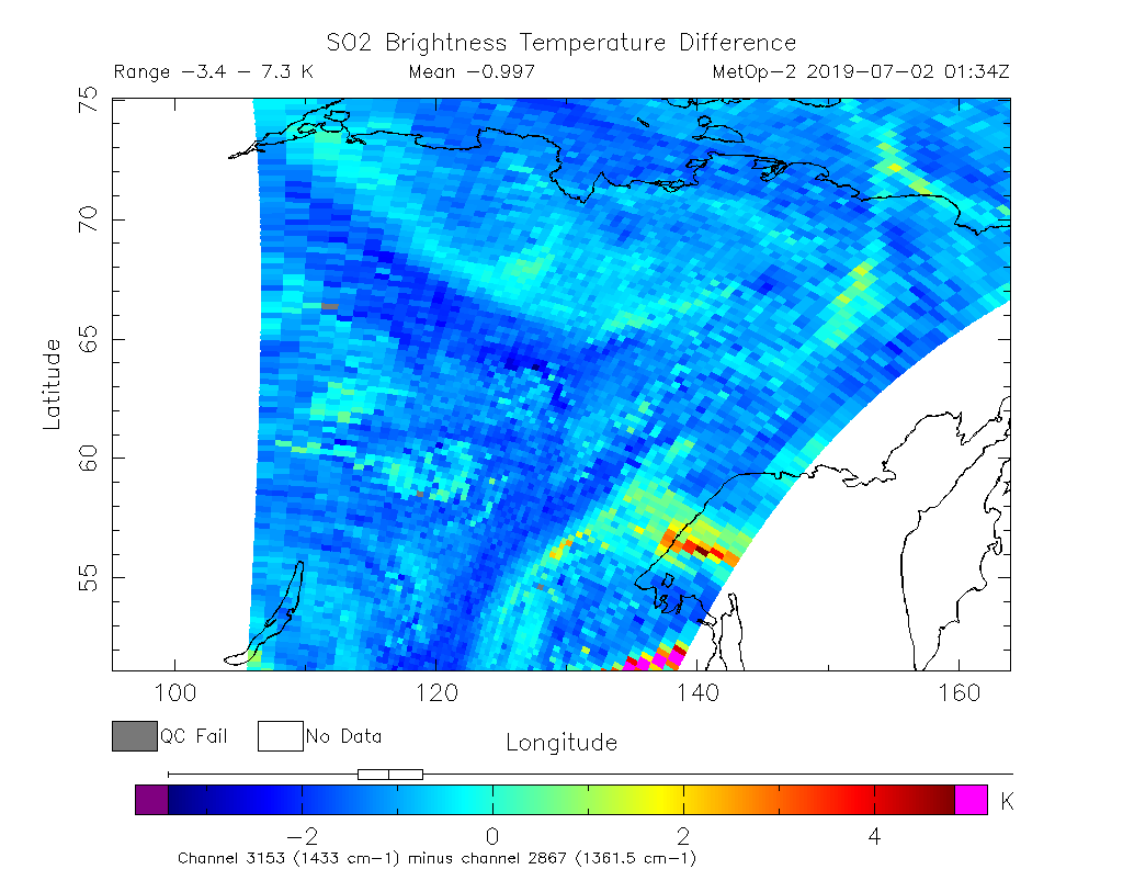 SO2 Brightness Temperature Difference 2019-07-02 01:34Z