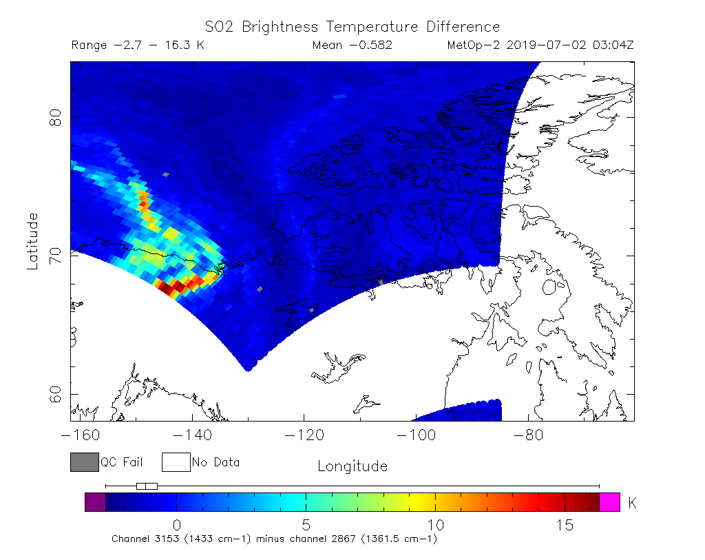 SO2 Brightness Temperature Difference 2019-07-02 03:04Z