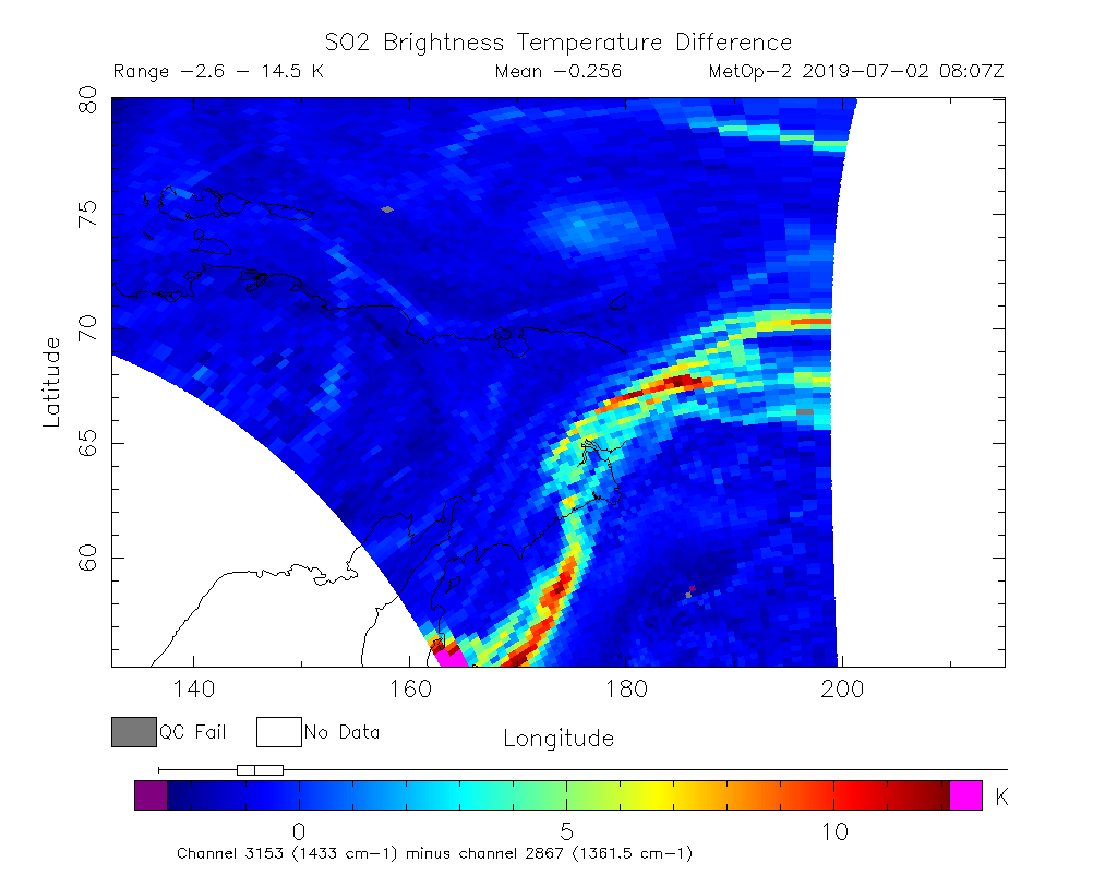 SO2 Brightness Temperature Difference 2019-07-02 08:07Z