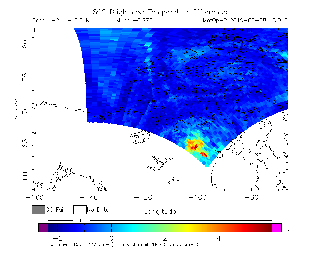 SO2 Brightness Temperature Difference 2019-07-08 18:01Z