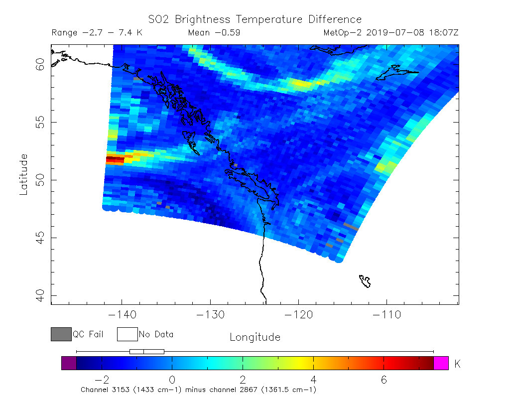 SO2 Brightness Temperature Difference 2019-07-08 18:07Z