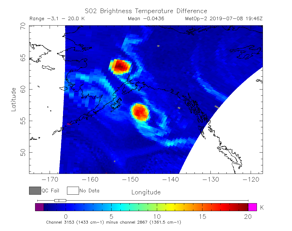 SO2 Brightness Temperature Difference 2019-07-08 19:46Z