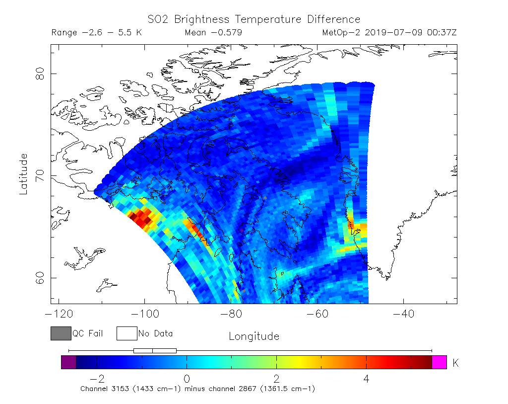 SO2 Brightness Temperature Difference 2019-07-09 00:37Z