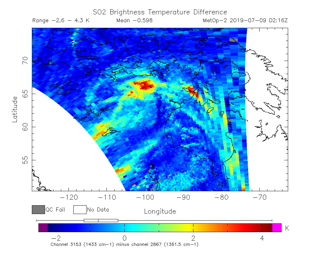 SO2 Brightness Temperature Difference 2019-07-09 02:16Z