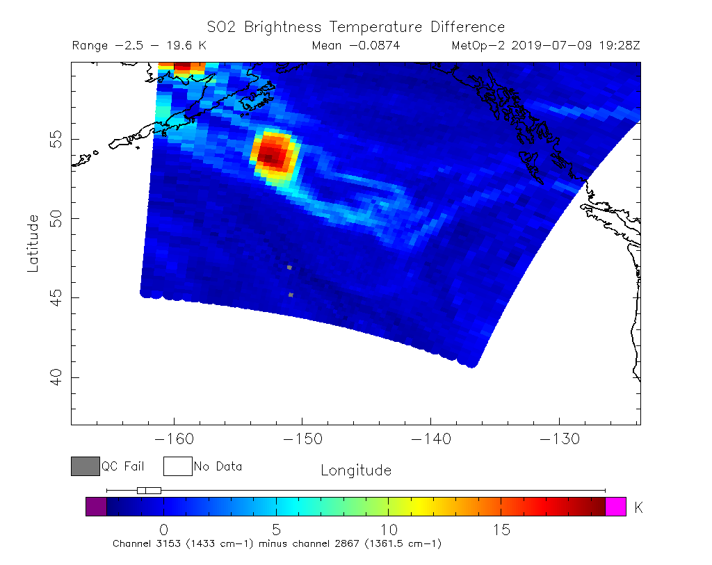 SO2 Brightness Temperature Difference 2019-07-09 19:28Z