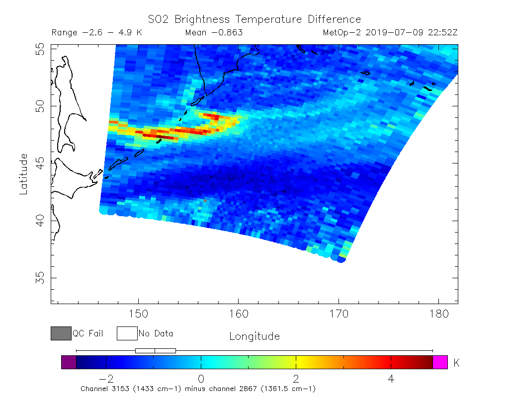 SO2 Brightness Temperature Difference 2019-07-09 22:52Z