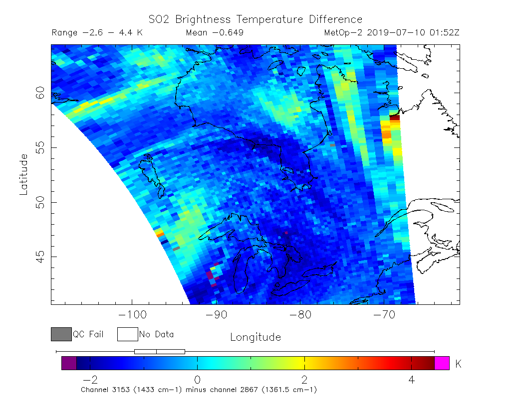 SO2 Brightness Temperature Difference 2019-07-10 01:52Z