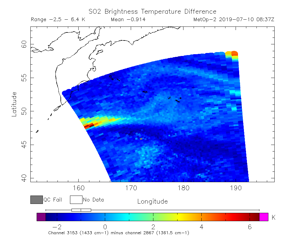 SO2 Brightness Temperature Difference 2019-07-10 08:37Z